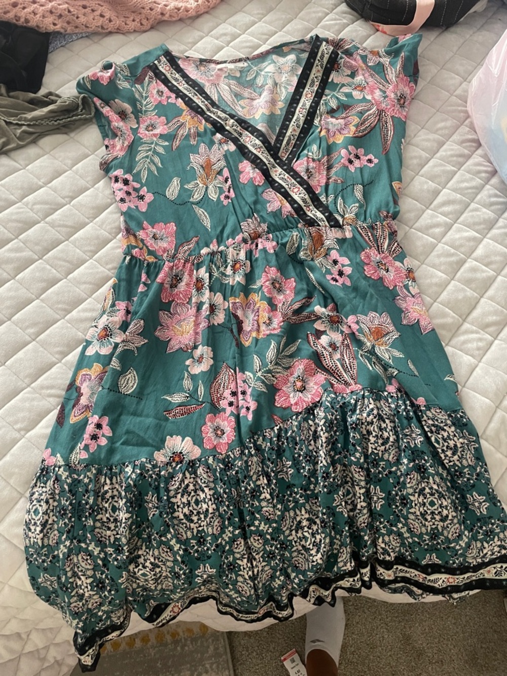 Maurices Teal Floral Mini Dress with Pink Accents